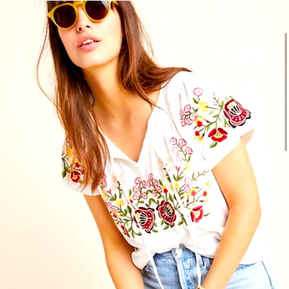 Anthropologie Tops - Anthropologie Floral Embroidery T-shirt Blouse